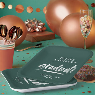Modern script typography green graduation paper plate