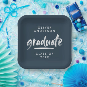 Modern script typography navy blue graduation clas paper plate