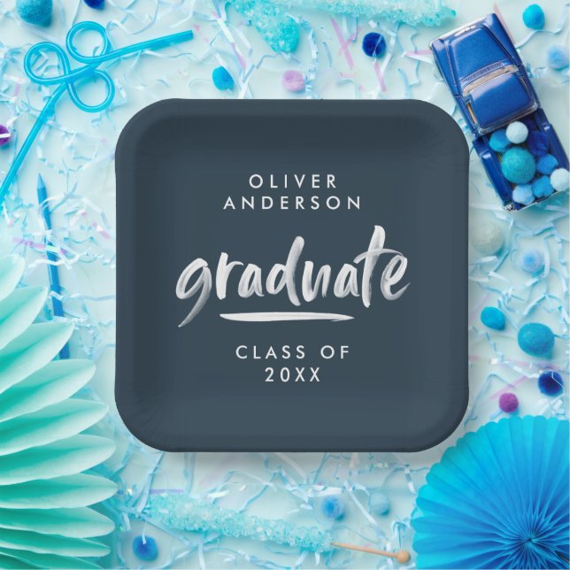 Modern script typography navy blue graduation clas paper plate (Party)