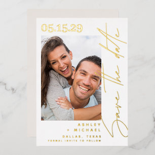 Modern Script Typography Photo Save the Date Gold