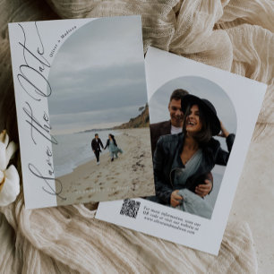 Modern Script Typography QR Code Half Arch Photo Save The Date