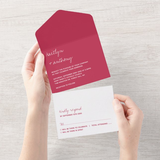 Modern Script Viva Magenta Minimalistic Wedding All In One Invitation (Tearaway)