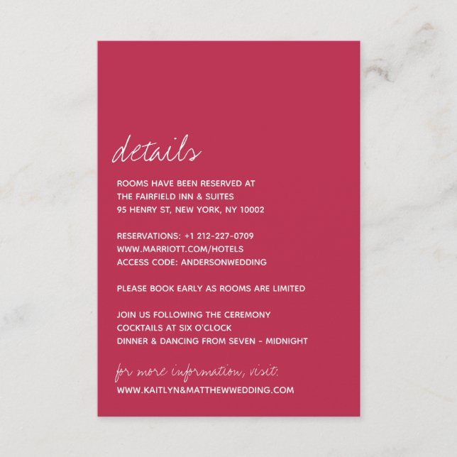 Modern Script Viva Magenta Minimalistic Wedding Enclosure Card (Front)