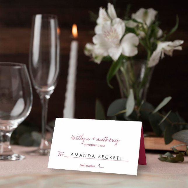 Modern Script Viva Magenta Minimalistic Wedding Place Card (Creator Uploaded)