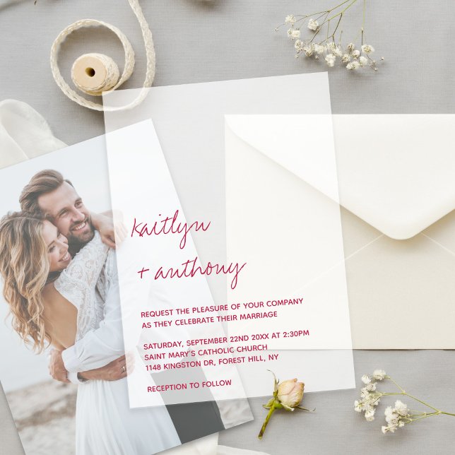 Modern Script Viva Magenta Minimalistic Wedding Vellum Invitations (Creator Uploaded)