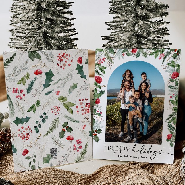 Modern Script w/ Elegant Botanical Arch 1 Photo Holiday Card (Creator Uploaded)