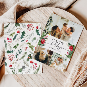 Modern Script Watercolor Botanical 3 Photo Holiday Card