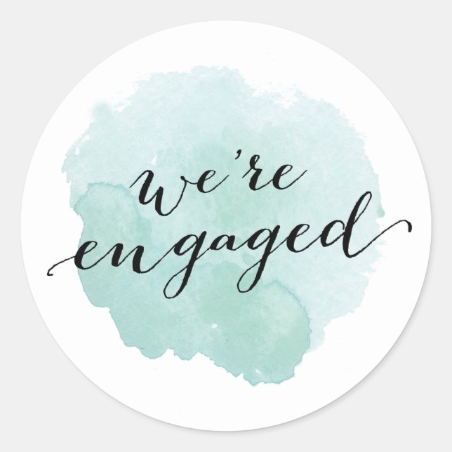Modern Script Watercolor Engagement Classic Round Sticker (Front)