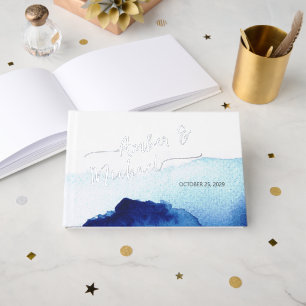 Modern Script Watercolor Indigo Blue Guest Book
