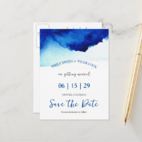 Modern Script Watercolor Indigo Blue Save The Date
