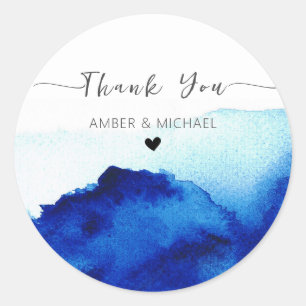 Modern Script Watercolor Indigo Blue Thank You Classic Round Sticker
