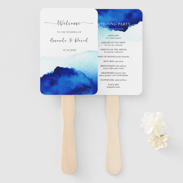 Modern Script Watercolor Indigo Blue Wedding Hand Fan (Front and Back)