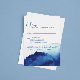 Modern Script Watercolor Indigo Blue Wedding RSVP Card