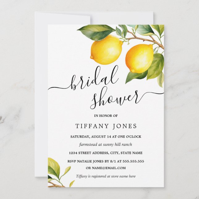 Modern Script Watercolor Lemon Bridal Shower  Invitation (Front)