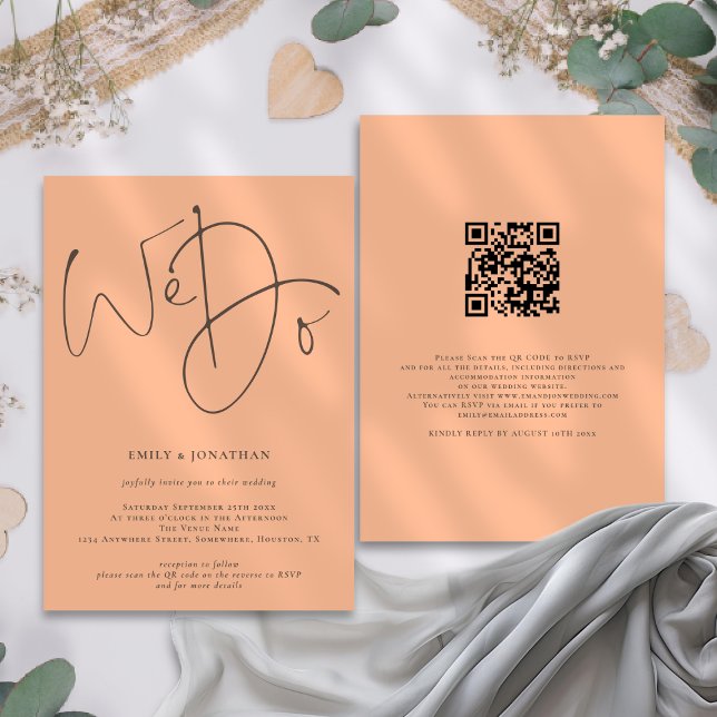 Modern Script We Do QR Code Peach Wedding Invitation (Front and back view. Available digitally and printed)