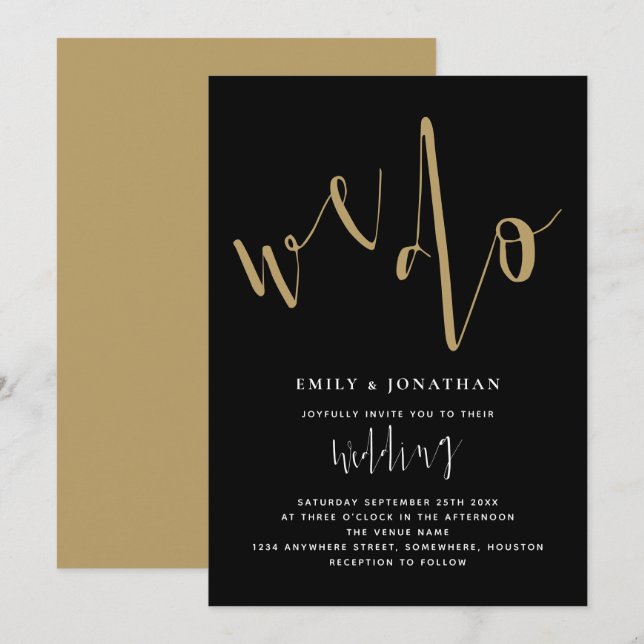 Modern Script We Do Wedding Black Gold Invitation (Front/Back)