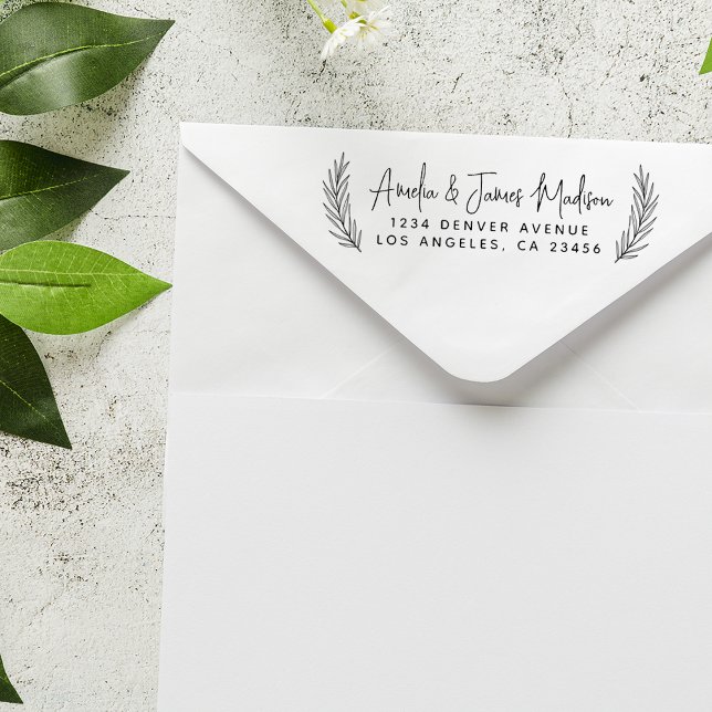 Modern Script Wedding Boho Leaves Return Address Rubber Stamp (Creator Uploaded)
