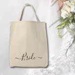 modern script wedding Bride Tote Bag<br><div class="desc">Modern Calligraphy bride tote bags in beautiful script typography printed across the front. Cute and simple bags in a chic calligraphy script. Makes a great bachelor party or wedding gift for the future bride</div>