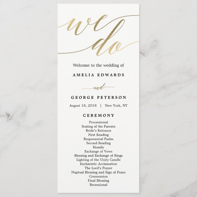 Modern Script Wedding Ceremony Program Faux Gold (Front)