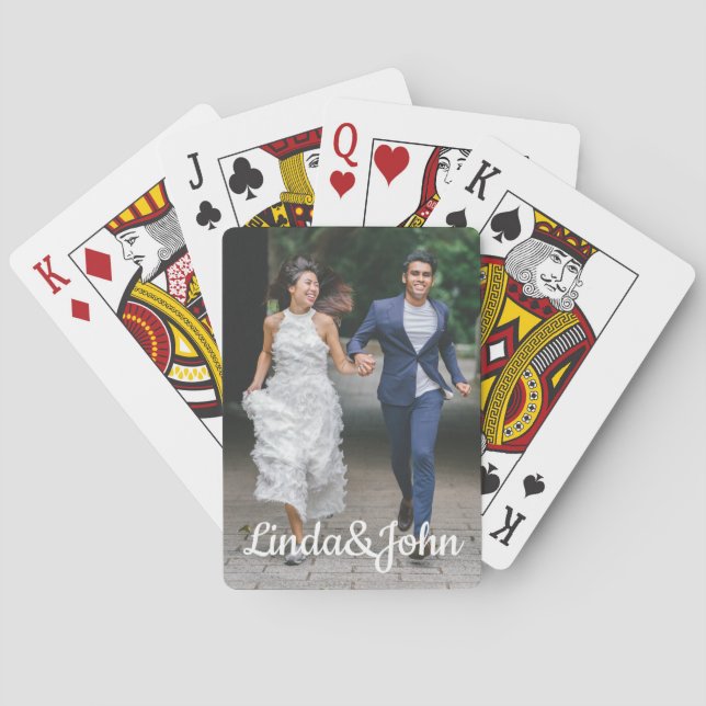 modern script wedding day photo personalized playing cards (Back)