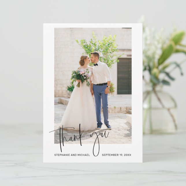 Modern Script Wedding Day Photo Thank You Card (Standing Front)