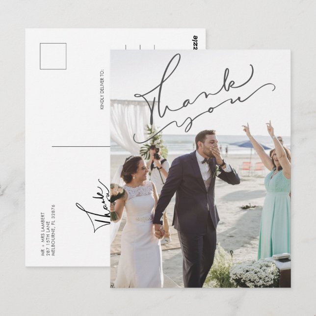 Modern Script Wedding Day Photo Thank You  Postcard (Front/Back)
