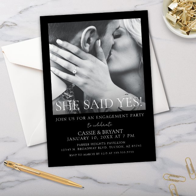 Modern Script Wedding Engagement Party Invitation (Elegant she said yes engagement party invitations with modern black and white theme and photo)