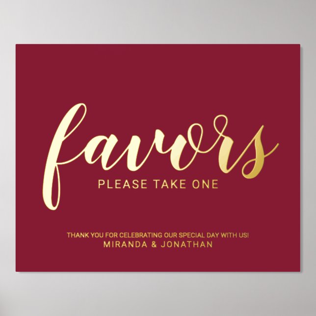 Modern Script Wedding Favours Burgundy and Gold  Foil Prints (Front)