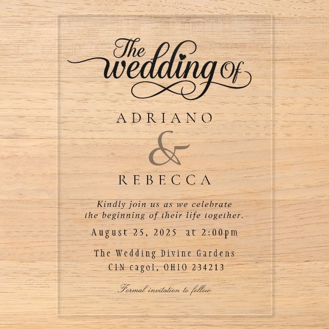 Modern Script Wedding Invite Acrylic Invitations (Front)