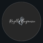 Modern script wedding minimal  classic round stick classic round sticker<br><div class="desc">Elegant Modern script wedding minimal Classic Round Sticker template 2-sided card featuring modern calligraphy text. This script and the dark base gives a simple and minimalistic look & feels. The names are customizable. Visit my store to see more wedding stuff for this design!</div>