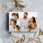 Modern Script Wedding Photo Collage Thank You<br><div class="desc">Say thank you to your wedding guests with a photo collage where you can feature four of your own lovely wedding photos. One large photo covers the entire card. Choose a photo where you have plenty of negative space on the left side. The three other photos are square and smaller....</div>