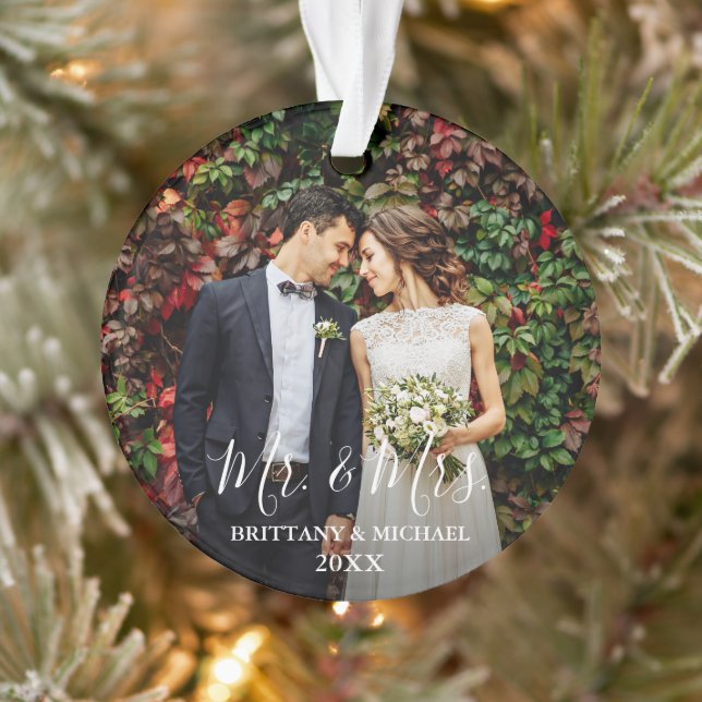 Modern Script Wedding Photo Mr. & Mrs. Ornament (Tree)