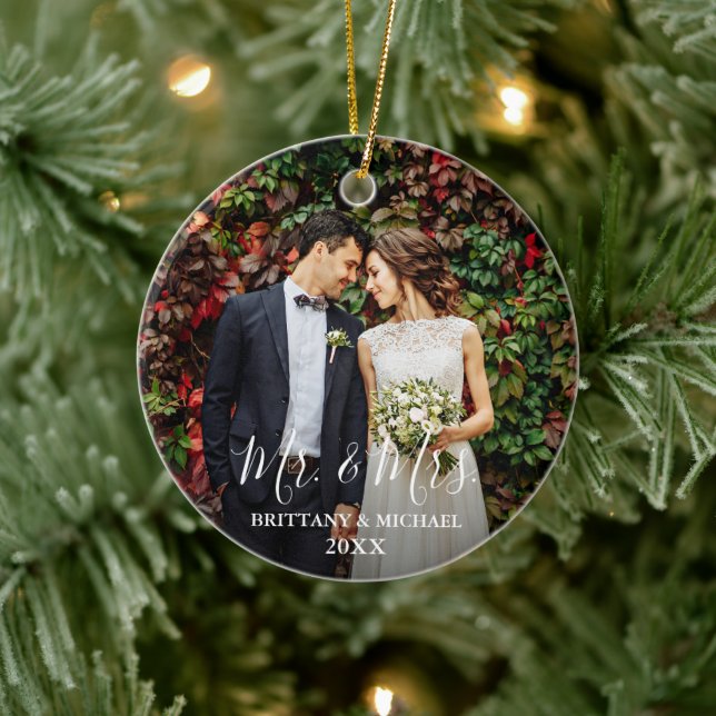 Modern Script Wedding Photo Mr. & Mrs. Round Ceramic Ornament (Tree)