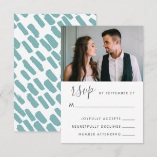 Modern Script Wedding Photo Rsvp in Blue Card