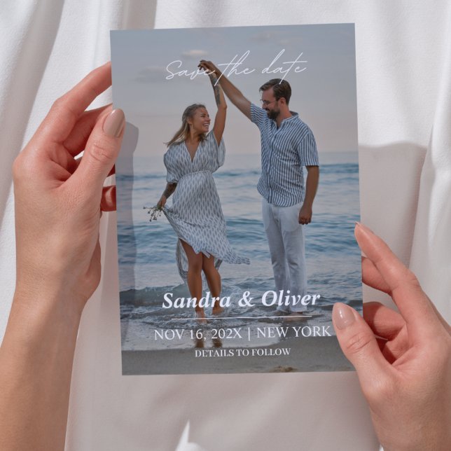Modern Script Wedding Photo Save The Date Card (Beach Photo Save The Date Wedding Invitation)