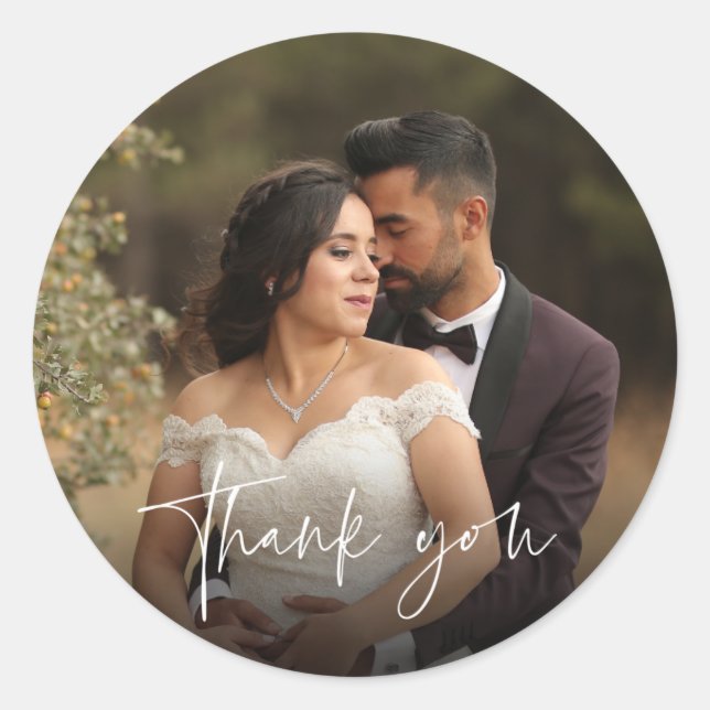 Modern Script Wedding Photo Thank You Favour Classic Round Sticker (Front)
