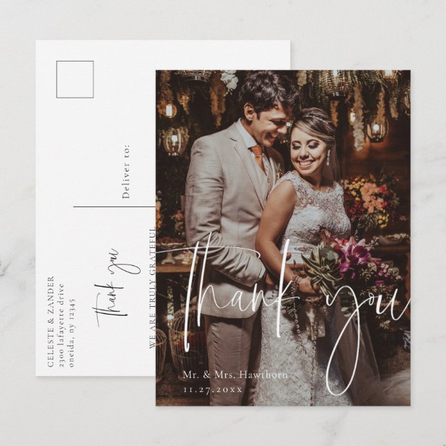 Modern Script Wedding Photo Thank You Postcard (Front/Back)