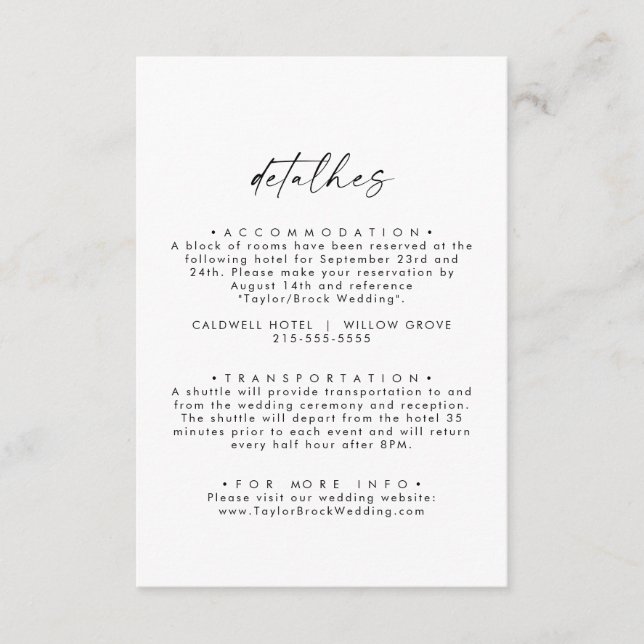 Modern Script Wedding Portuguese Detalhes Enclosure Card (Front)