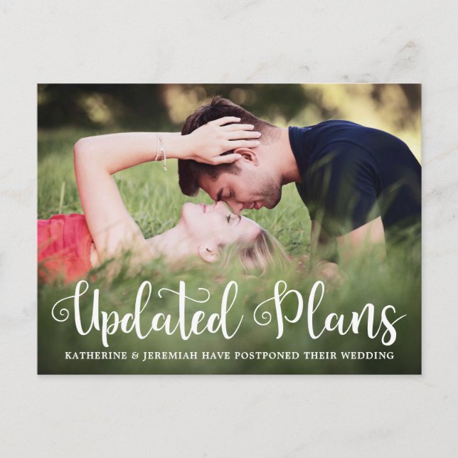 Modern Script Wedding Postponement Photo Postcard (Front)