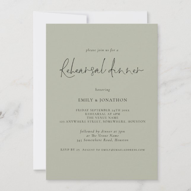 Modern Script Wedding Rehearsal Dinner Light Sage Invitation (Front)