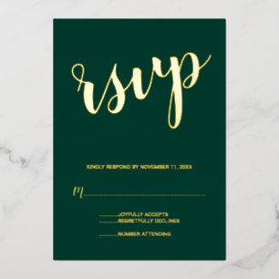 Modern Script Wedding RSVP Emerald and Gold