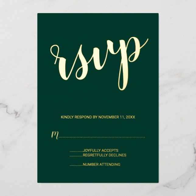 Modern Script Wedding RSVP Emerald and Gold (Front)