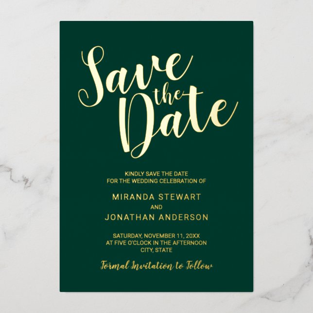 Modern Script Wedding Save the Date Emerald Gold (Front)
