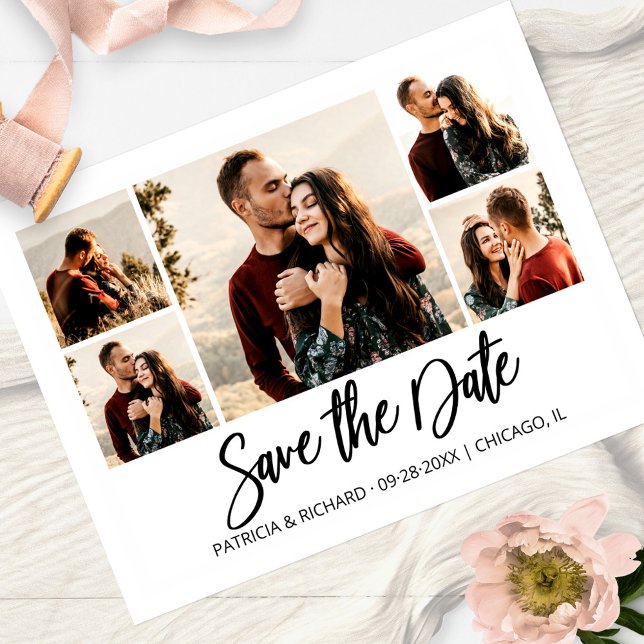 Modern Script Wedding Save The Date Photo Collage Postcard (Creator Uploaded)