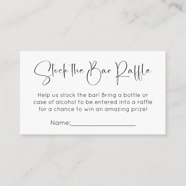 Modern Script Wedding Shower Stock the Bar Raffle Enclosure Card (Front)