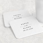Modern Script Wedding Square Paper Coaster<br><div class="desc">This modern script wedding favour square paper coaster is perfect for a minimalist wedding. The simple black and white design features unique industrial lettering typography with modern boho style. Customizable in any colour. Keep the design minimal and elegant, as is, or personalize it by adding your own graphics and artwork....</div>