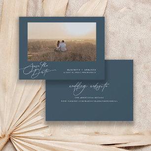 Modern Script Wedding Website Navy Photo  Save The Date