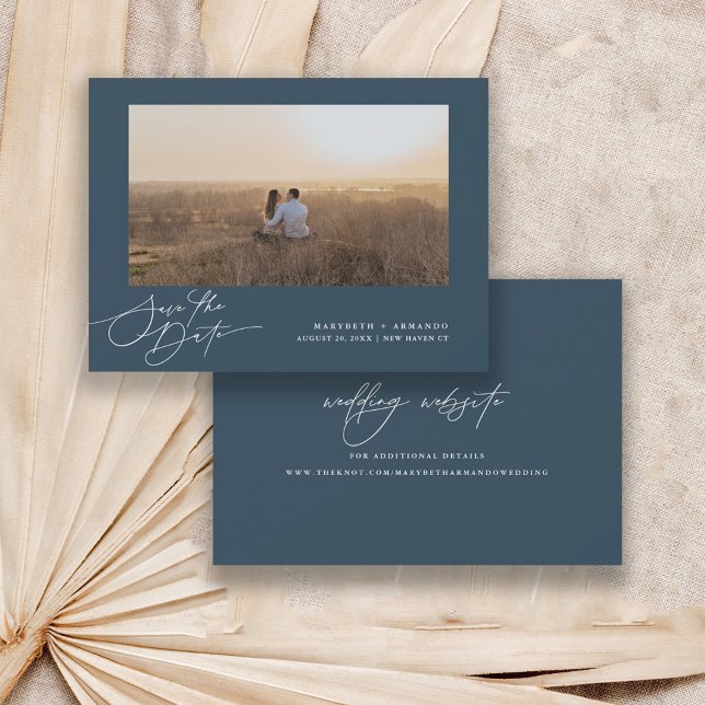 Modern Script Wedding Website Navy Photo  Save The Date (Creator Uploaded)