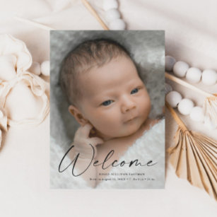 Modern Script Welcome Baby Photo Birth Details Thank You Card
