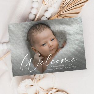 Modern Script Welcome Baby Photo Birth Details Thank You Card
